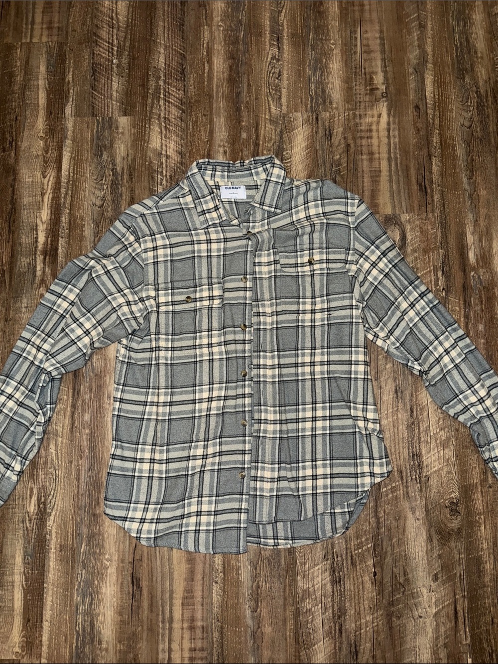 Old Navy Plaid Button-Down Shirt in Gray and Ivory
